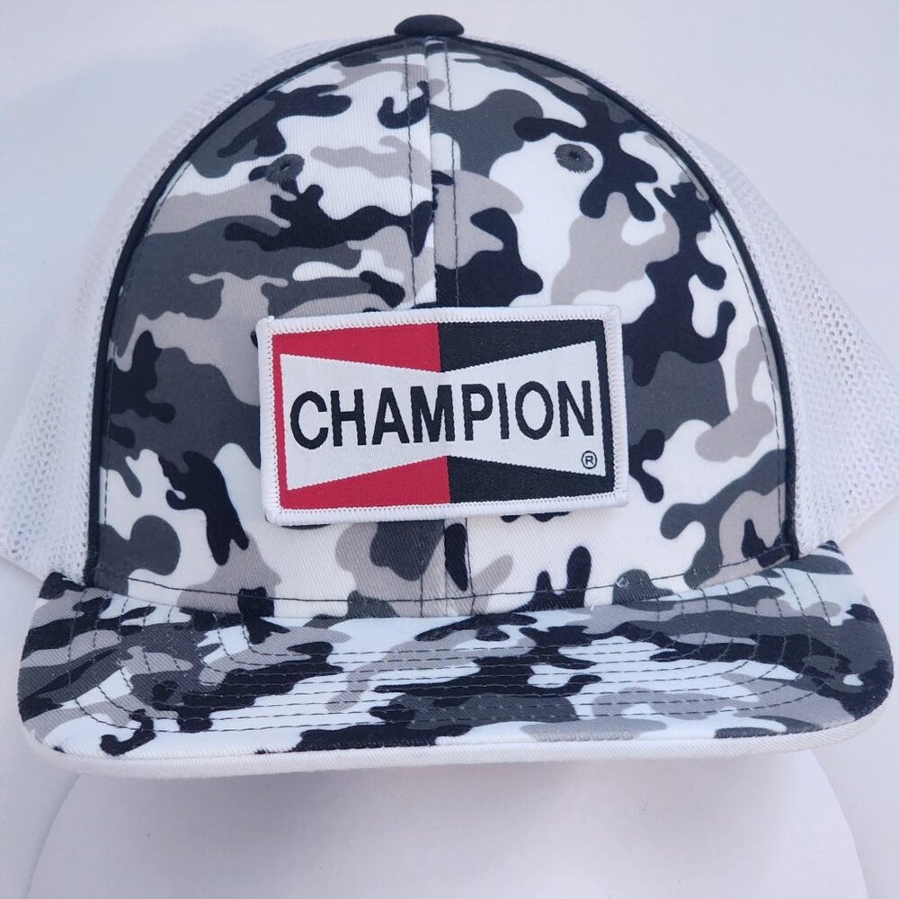 CHAMPION Patched Pacific Headwear Snow Camo Flexfit Trucker Hat